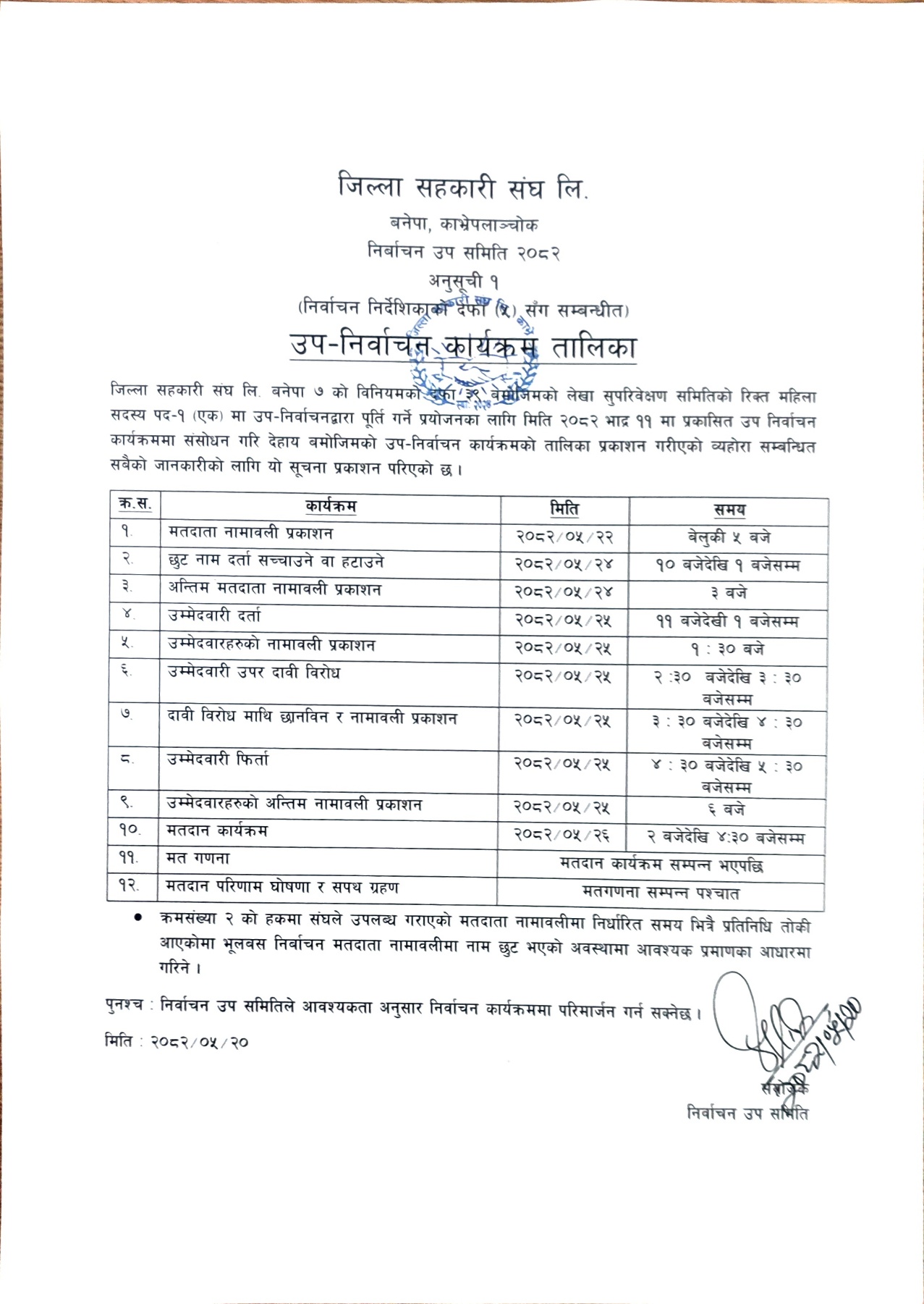 संसोधित उपनिर्वाचन तालिका ।